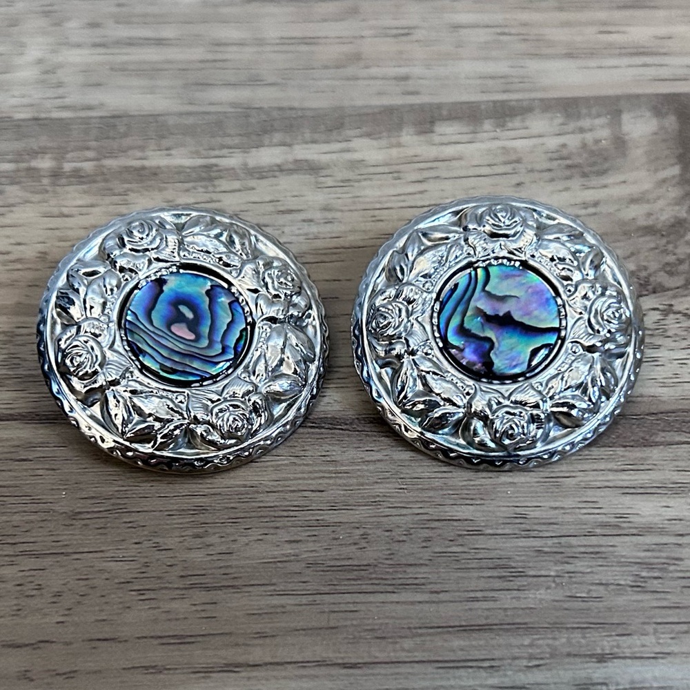 Butler Silvertone Floral Rose Abalone Shell Button Pierced Ear Boho Hippie